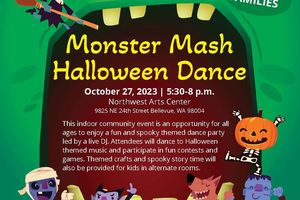 Monster Mash Halloween Dance flyer featuring dancing Halloween characters.
