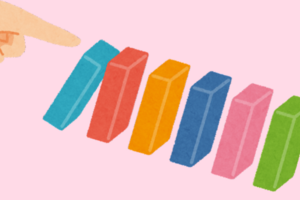 A finger pushes the first in a row of dominoes, causing them to topple in sequence.