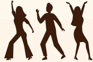 Five silhouetted dancers in a row, each striking a unique pose.