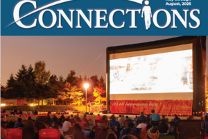 an audience watches a movie in a park