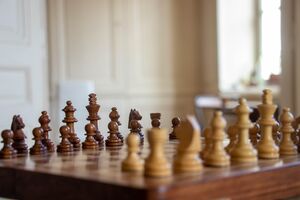 a chess board with wooden pieces arranged in their starting positions.
