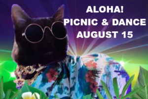 image of black cat wearing a Hawaiian shirt and sunglasses, surrounded by flowers. Text reads "Aloha! Picnic & Dance. August 15"
