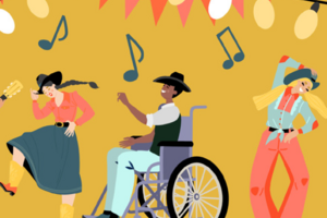 Graphic depicting a line of people in various dance poses. Text below reads "Barn Dance"