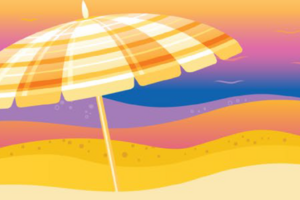 rendered image of beach umbrella standing upright in sand