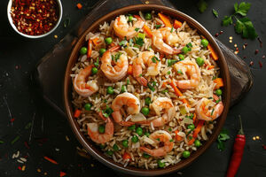 Image of rice and shrimp dish with fixings.
