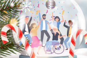 group of people in a snow globe, in various dance poses.