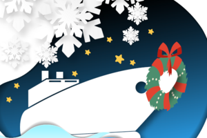 Illustration of ship with wreath and snowflakes