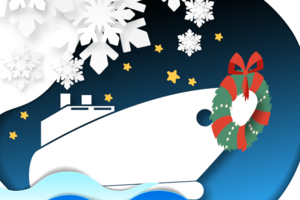 Illustration of ship with wreath and snowflakes