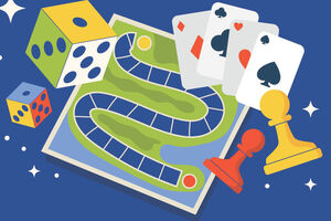 illustration of various games (dice, cards, chess)