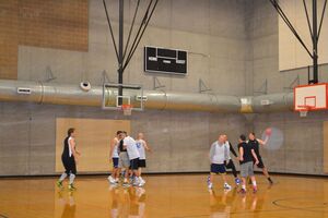 group plays basketballs at an indoor court