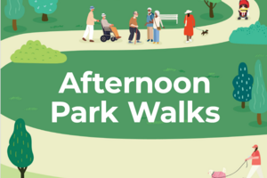 Graphic of people walking in a park with the text "afternoon park walks" in the center.