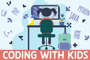 Illustration of a child sitting at a desk coding on a computer, with programming languages like Python, Ruby, C++ shown around them, and the text “Coding With Kids” across the bottom.