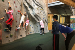 kids climb an indoor climbing wall
