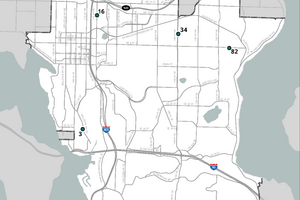 Map of City of Bellevue with dots identifying the seven Phase 1 speed safety camera locations listed on the project page. 