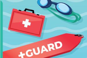 illustration of swimming googles, a first aid kit and a lifeguard floatation device in water