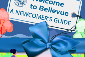 Gift tag with text "Welcome to Bellevue: A Newcomer's Guide" over a blue gift ribbon.