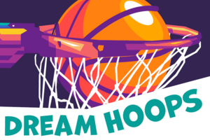 illustration of basketball going into basketball hoop