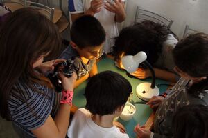 Group of children around a table looking into a microscope