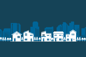 Skyline illustration of city with blue and white on a dark blue background