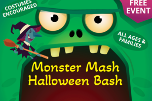 Green monster face with open mouth and text that reads "Monster Mash Halloween Bash"