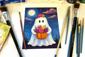 Paint & Sip night example of a canvas painting showing a ghost and a pumpkin