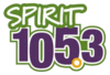 Logo of radio station 105.3 text Reads "Spirit" in green outline and "105.3" in purple text